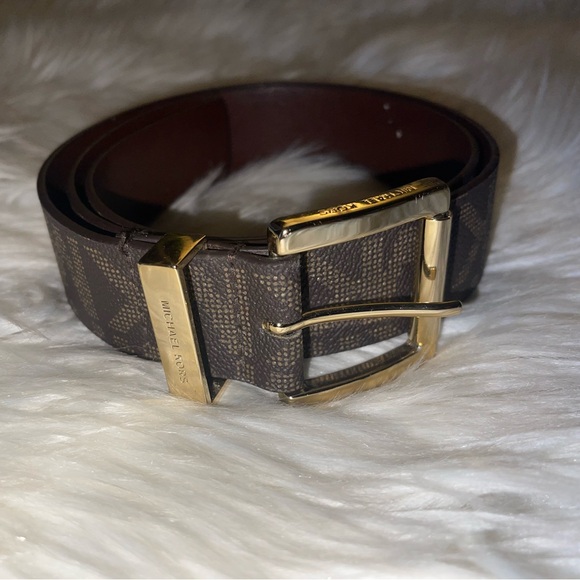 MICHAEL KORS BELT CHOCOLATE MK PRINTED LOGO GOLD SIZE MEDIUM - Picture 7 of 17